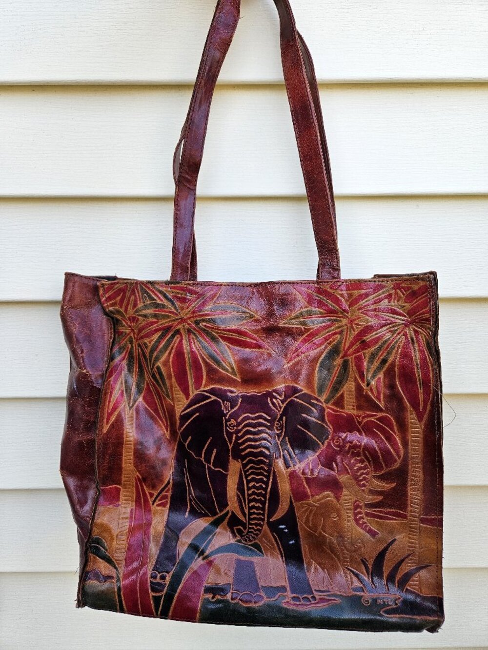 Emily Ann of Boca Raton Vintage 80s Leather Shoulder Tote Hand-Painted Elephants